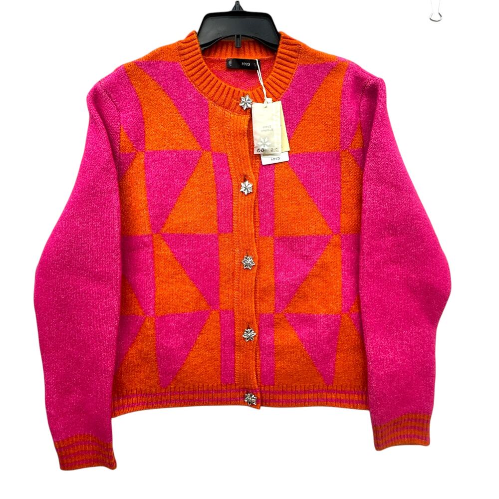 Mango Knitted Cardigan with Jewel Button Women's XL Pink Orange Geometric NWT - Picture 2 of 6